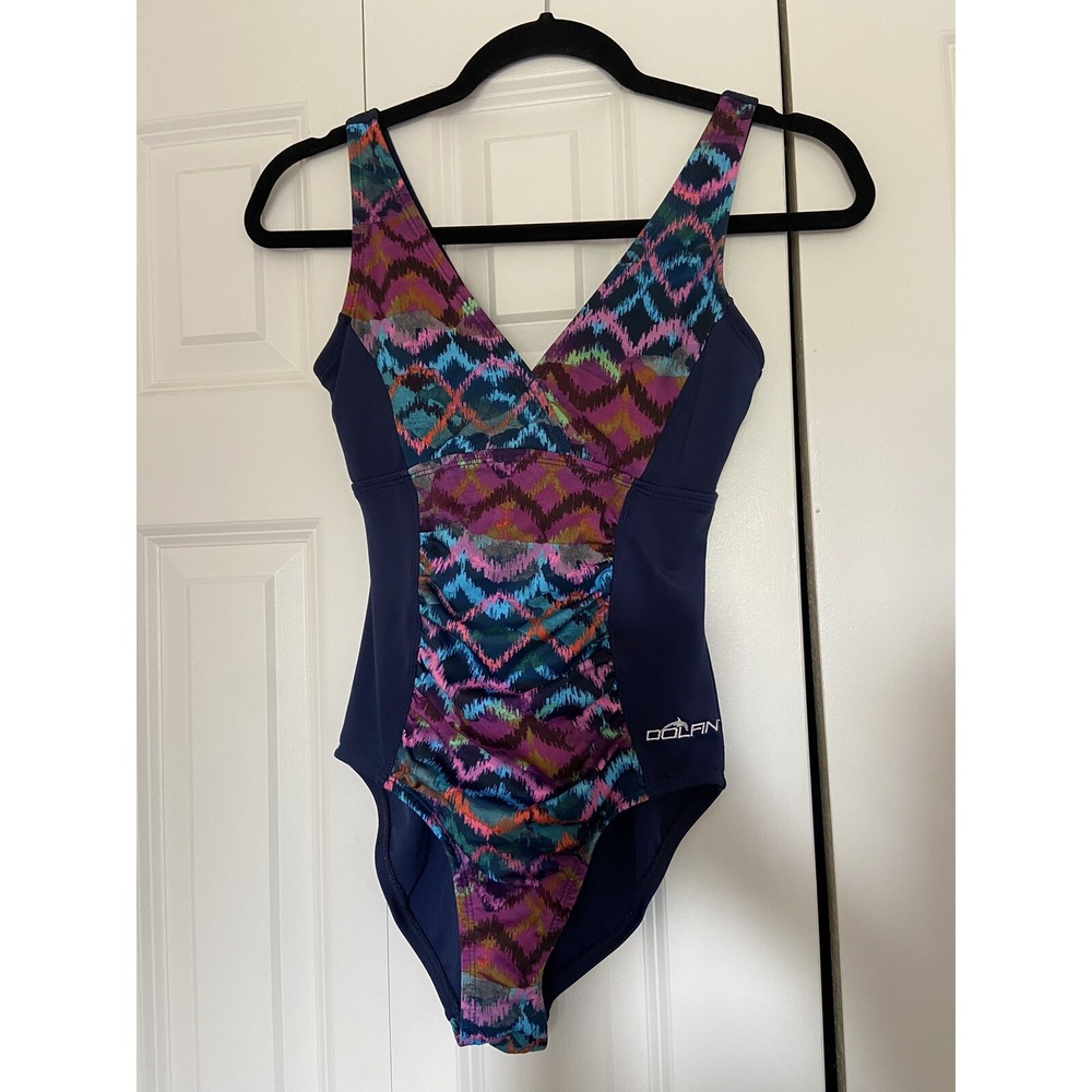 Dolfin Aquashape Panel Swimsuit Women's Size 6/32 Navy Blue EUC